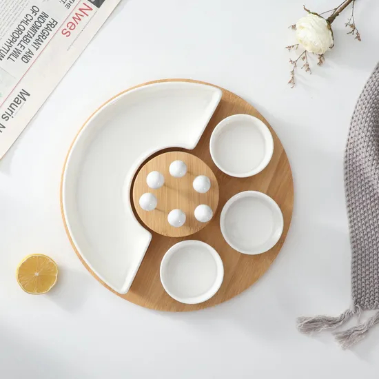 Homegating Bamboo Appetizer Serving Set with Condiments Bowls and Ceramic Serving Trays