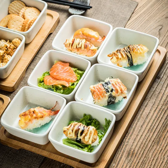 Bamboo Serving Tray with 6 -Compartments Ceramic Serve Bowl Dishes