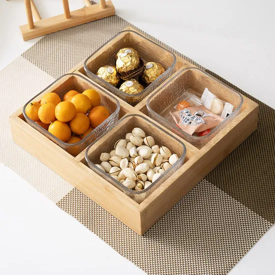 6 Compartment Glass Snack Plate with Bamboo Tray Grid Organizer for Dried Fruits & Snacks