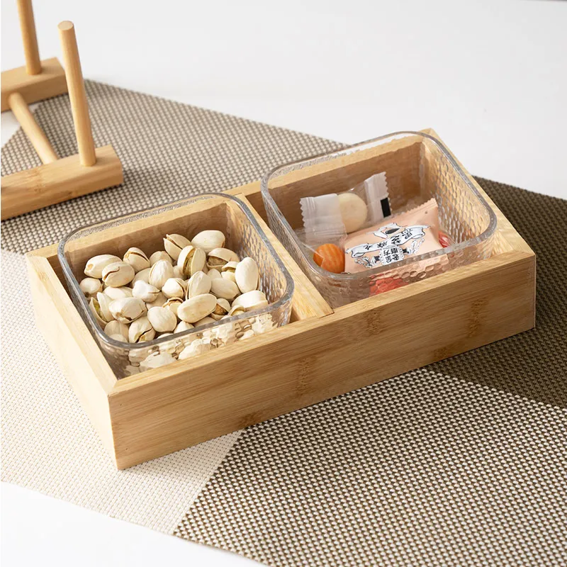 Divided Bamboo Wood Snack Tray with Transparent Glass Fruit Platter Tray