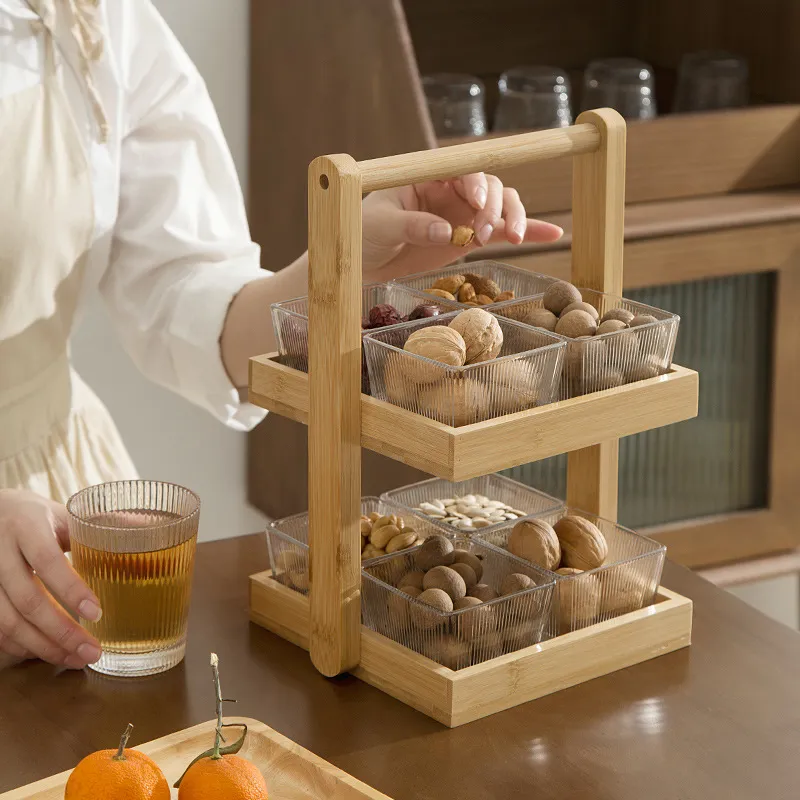 2-Layer Bamboo Dessert Fruit Rack with Handle and 12 PCS Ceramic Bowls