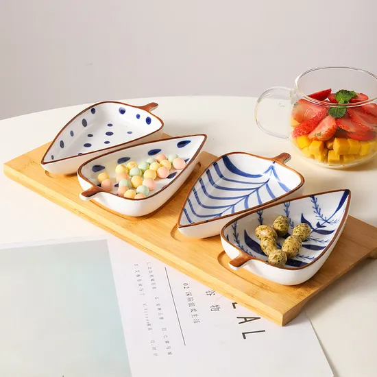 Modern Bamboo Serving Tray / Platter with 4 Leaf Shaped Ceramic Fruit & Multipurpose Bowls