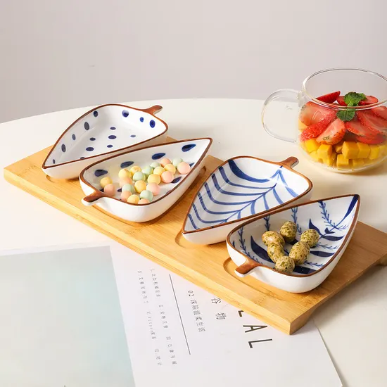 Modern Bamboo Serving Tray / Platter with 4 Leaf Shaped Ceramic Fruit & Multipurpose Bowls