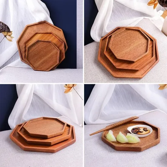Octagon Shape Ebony Wood Serving Tray Set for Kitchen