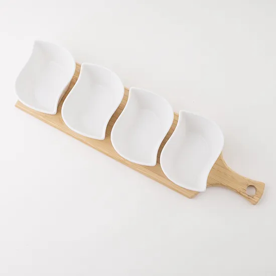 Bamboo Wood Tray Fruits Condiments Appetizer Tray and Desserts Serving Tray with 3 White Ceramic Bowls