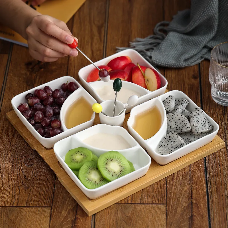 Multi-Grid Ceramic Fruit Platter with Bamboo Wooden Tray for Home Tableware