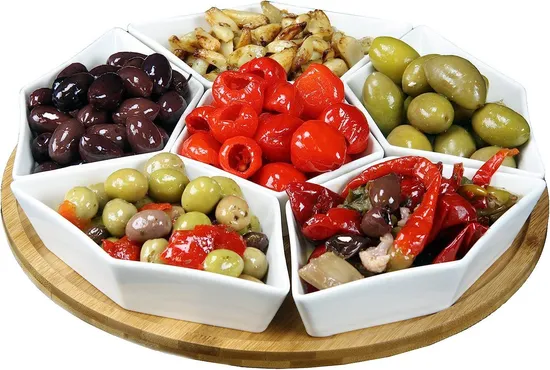 6-Compartment White Ceramic Appetizer and Condiment Server Set with Bamboo Tray