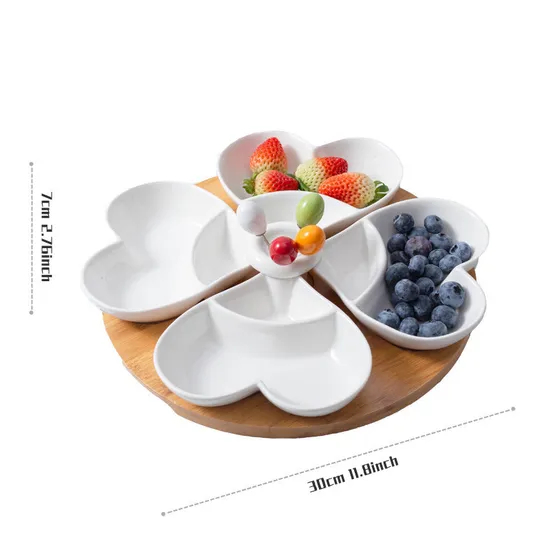 Heart-Shaped Ceramic Serving Bowls and Plates with Rotating Bamboo Serving Platter