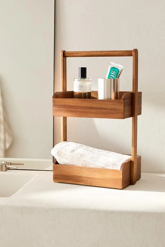 2 Tier Floor Standing Acacia Wood Storage Shelf Shower Organizer Rack with Handle