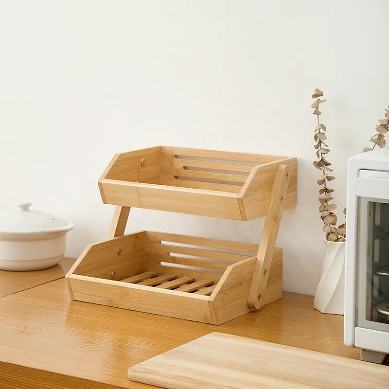 2 - Tier Bamboo Countertop Storage Basket for Fruits, Vegetables and Cakes