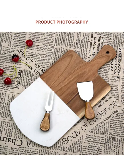 Natural Wooden and Marble Cheese Board with Handle and Hanging Hole