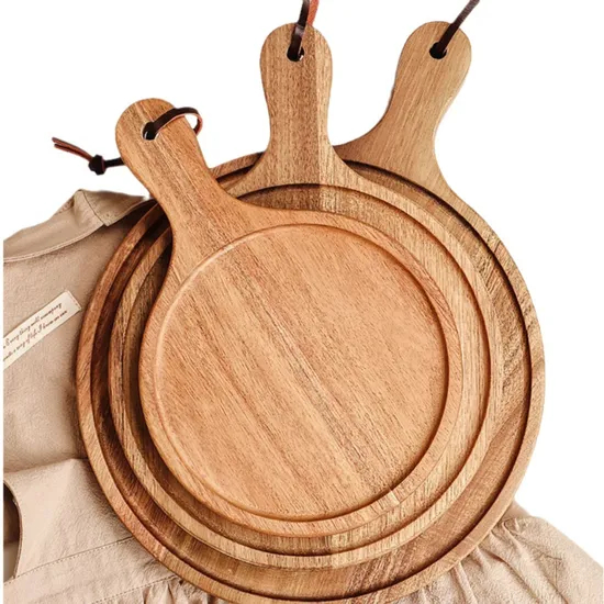 Round Wood Pizza Serving Tray Set of 3 with Handle