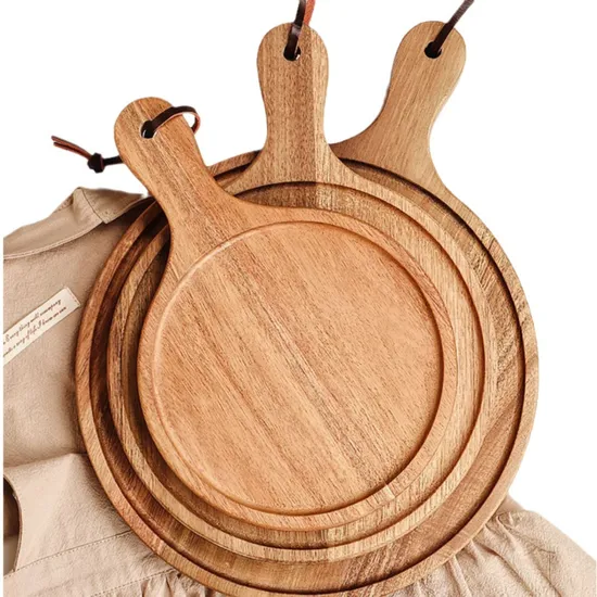Round Wood Pizza Serving Tray Set of 3 with Handle
