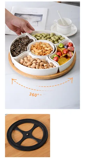 Rotating Ceramic Divided Serving Dish Bamboo Lazy Susan for Restaurant Fruit Appetizers