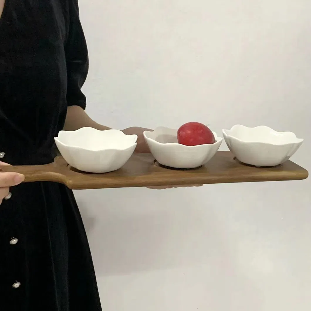 Long Acacia Wood Serving Platter with 3 Sauce Snack Dish