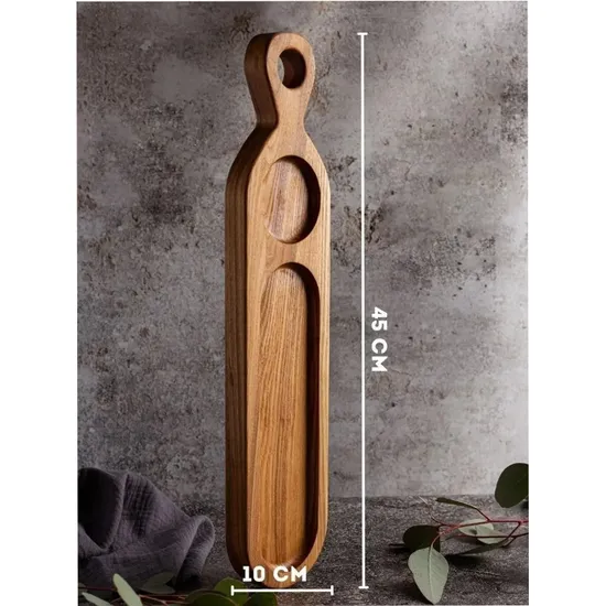 Long Bamboo Serving Tray Wooden Platter with Ceramic Sauce Dish
