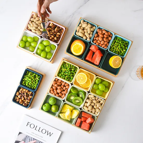 11.5 Inch 6 Compartment Ceramic Divided Serving Dish with Bamboo Serving Tray for Snacks, Candy, Appetizer