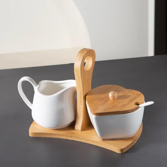 3 - Piece White Ceramic Sugar and Creamer Coffee Serving Set with Lid and Bamboo Serving Tray
