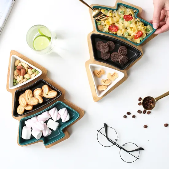 Christmas Tree - Shaped Bamboo Tree Tray with 3 White Removable Ceramic Snack Appetizer Plates
