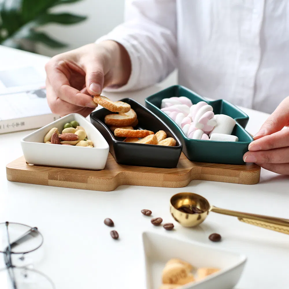Christmas Tree - Shaped Bamboo Tree Tray with 3 White Removable Ceramic Snack Appetizer Plates