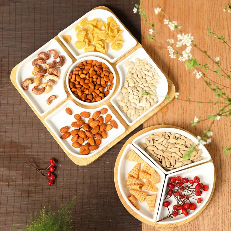 Rotatable Bamboo Serving Tray Removable Divided Ceramic Serving Dishes