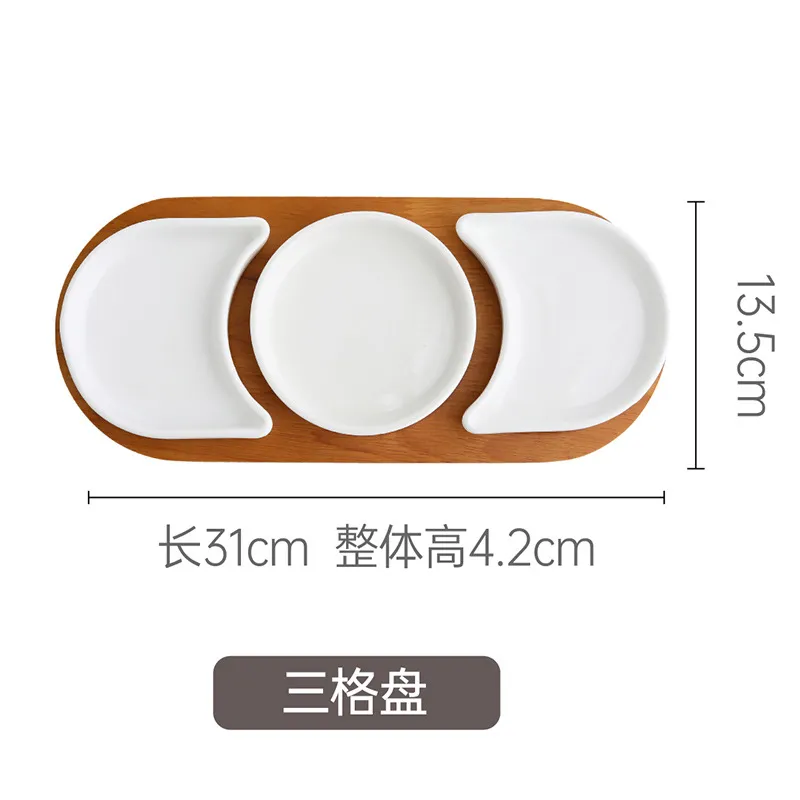 Bamboo Serving Platter with 3 PCS Ceramic Plates for Party