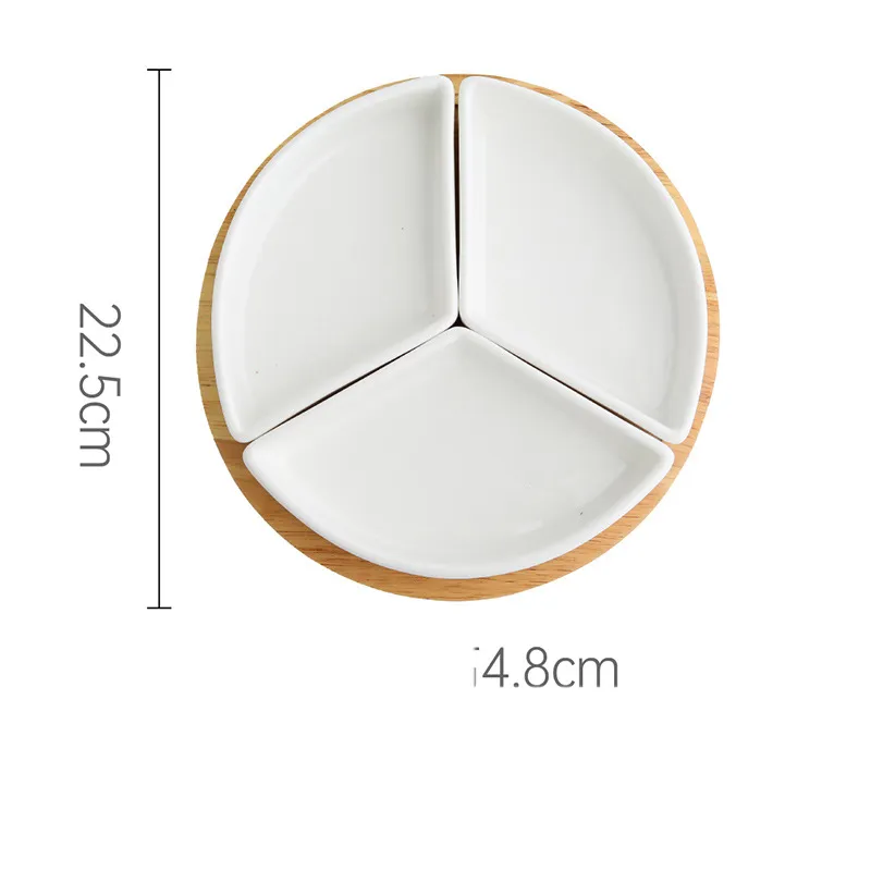 Round Wooden Tray with 3 Divived Ceramic Dishes for Appetizer / Snack / Desser