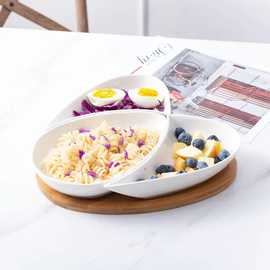Ceramic Portion Plates with Bamboo Serving Tray