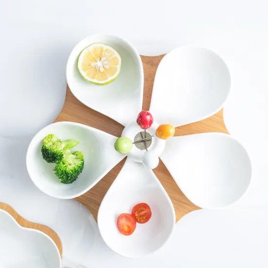 5-Grid Ceramic Salad Bowl & Sauce Dish with Bamboo Serving Tray for Afternoon Tea, Fruits, Desserts & Nuts