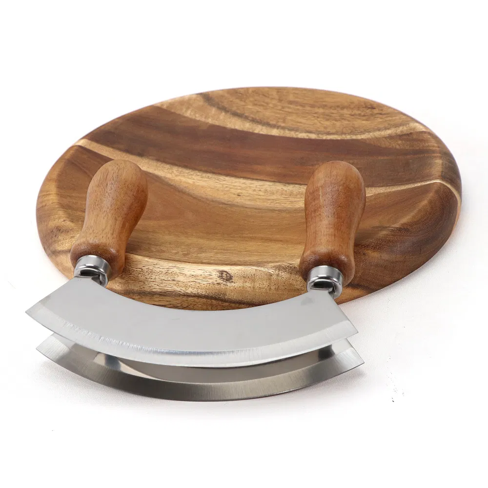 Round Wooden Cutting Board with Double-Blade Stainless Steel Mezzaluna Herb Chopper