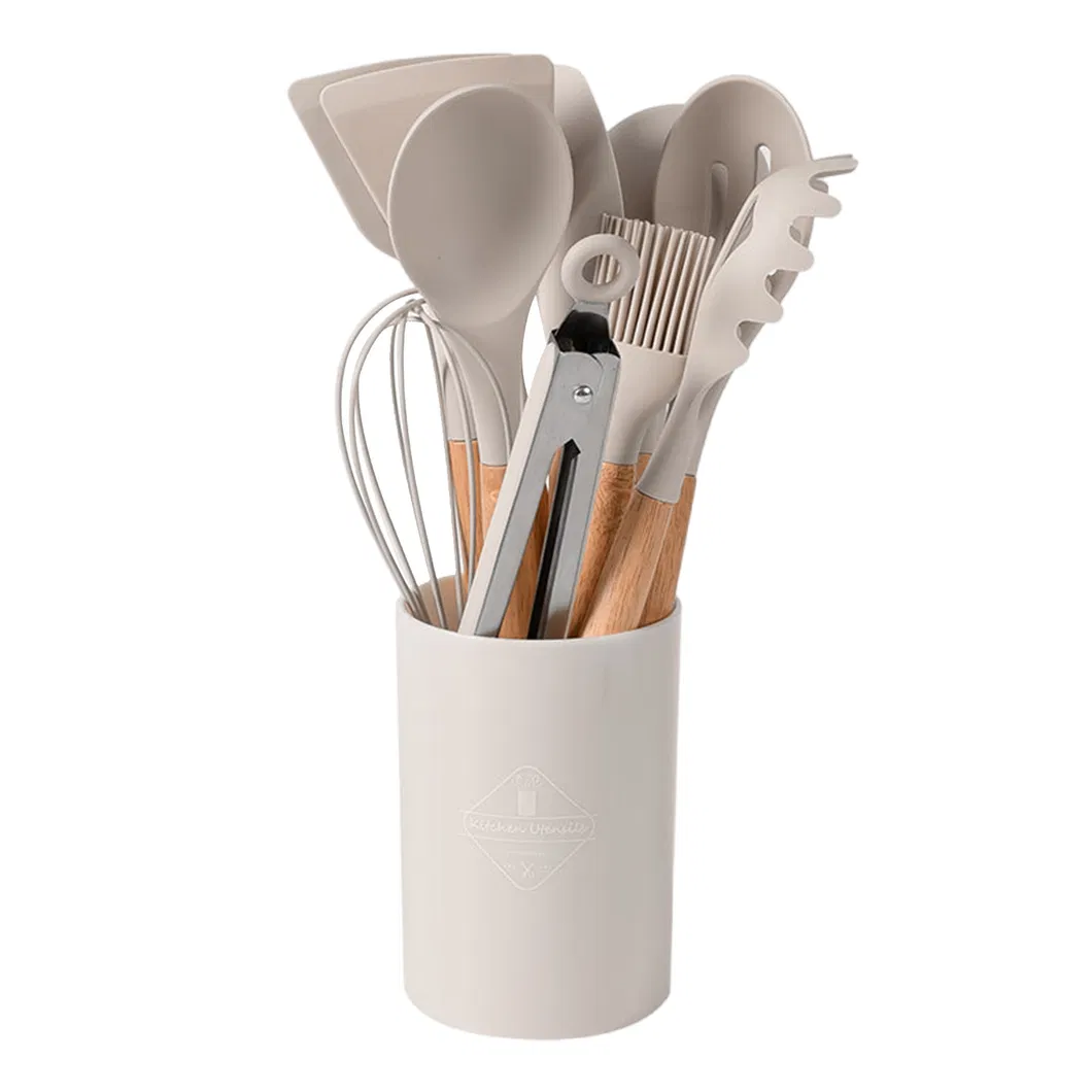 Heat Resistant Turner Tongs Spatula Spoon Brush Whisk Silicone Cooking Utensils Kitchen Utensil Set with Wooden Handle