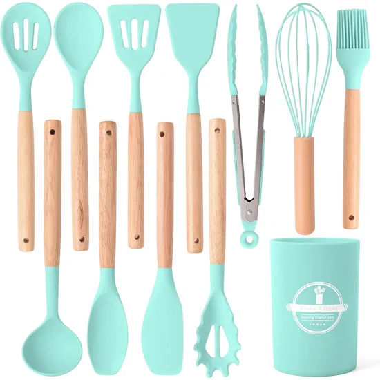 All-Purpose 12 PCS Silicone Kitchen Utensils Set Cooking Tools Kitchen Gadgets with Wooden Handle and Storage Holder