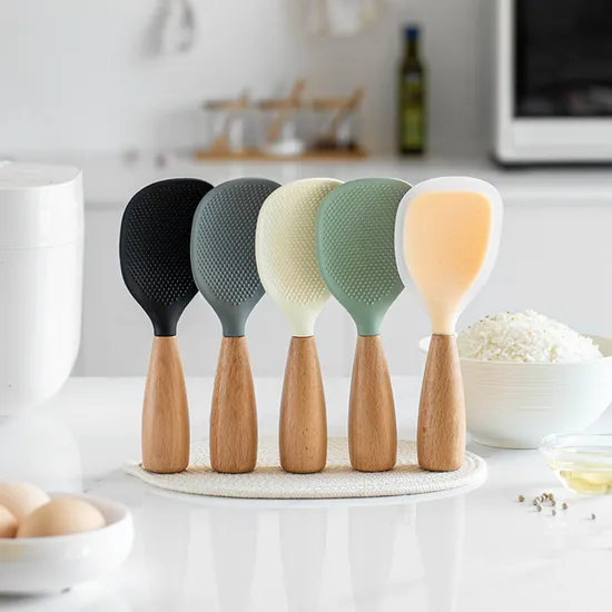 Creative Heat Resistant Non -Stick Standable Silicone Rice Spoon with Wooden Handle