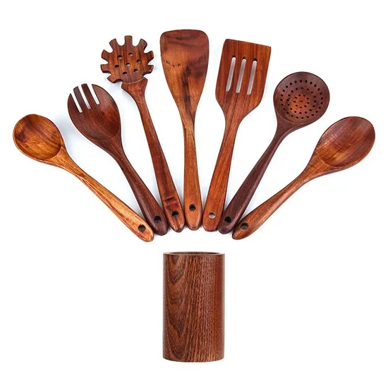 Hot Selling Teak Wood Kitchen Utensil Set Cooking Tools with Spoon Rest and Holder