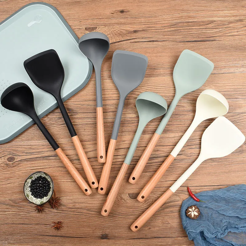 Hanging Non-Stick Silicone Spatula and Soup Ladle with Wooden Handle for Kitchen Cooking