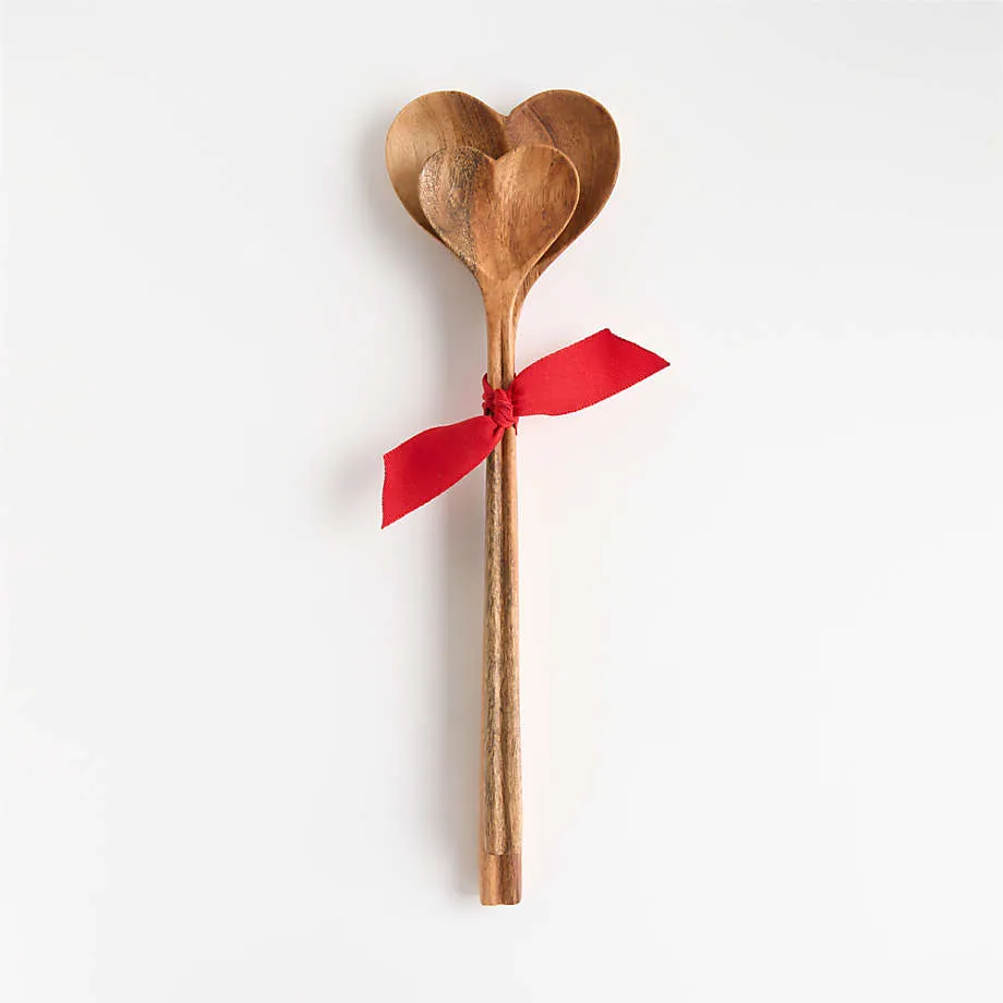 Heart Shape Acacia Wood Serving Spoon Set of 2 with Round Handle