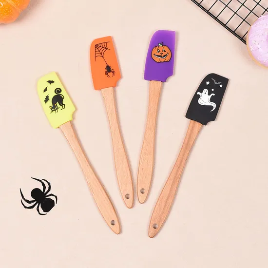 Wholesale Halloween Style Printed Silicone Cake and Cream Baking Spatula with Wooden Handle