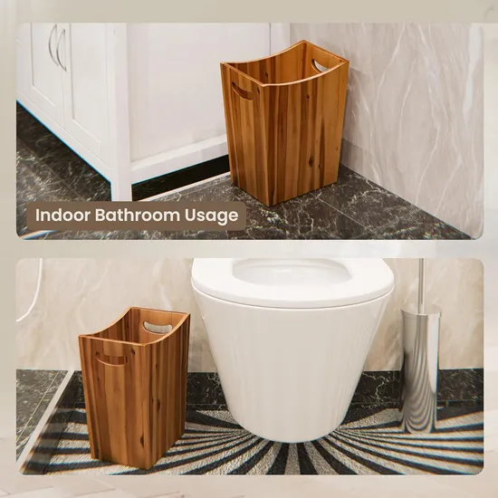 Small Acacia Wood Waste Basket Trash Can with Handles for Bathroom