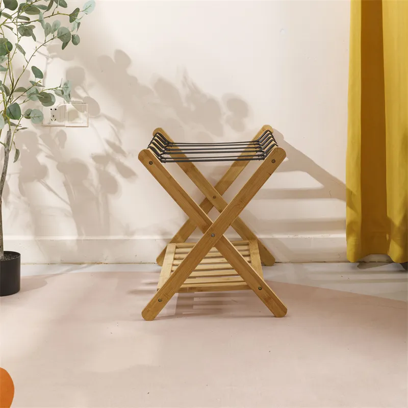Hotel Room Floor-Standing Foldable Bamboo and Wood Luggage Rack Luggage Storage Slipper Rack.