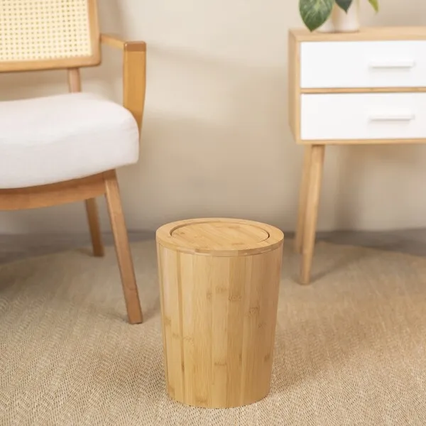 Round Bamboo Waste Basket with Lid for Living Room and Bathroom