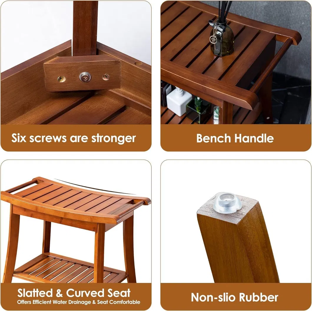 Carbonized Color Non-Slip and Waterproof Bamboo Bathroom Stool Shower Stool with Towel Hange
