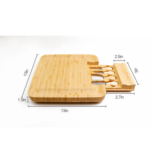 13 Inch Square Bamboo Cheese Board with Drawer and Knives Set From Fujian Factory