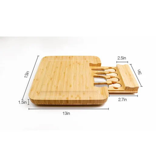 13 Inch Square Bamboo Cheese Board with Drawer and Knives Set From Fujian Factory
