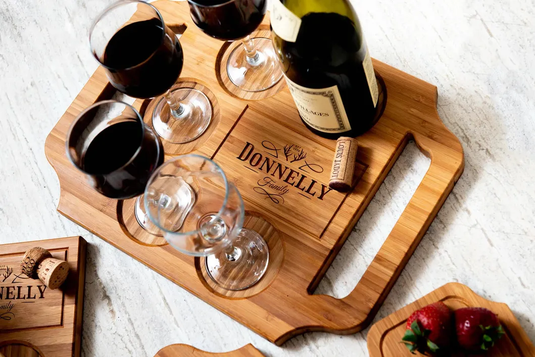 Organic Personalized Bamboo Serving Tray Charcuterie Board with Wine Glass