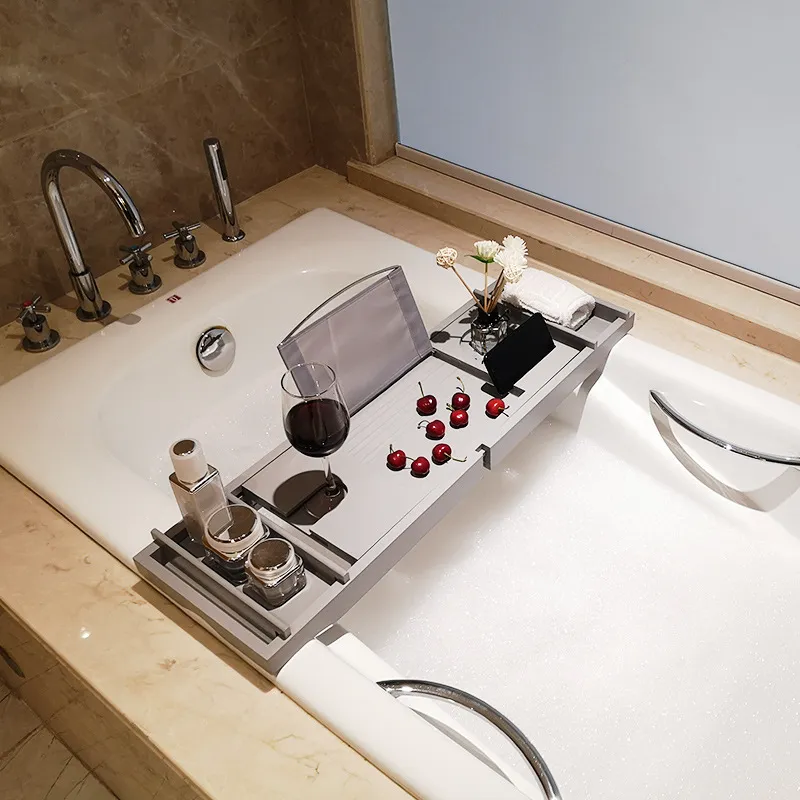 Grey Color Extendable Bamboo Bathtub Caddy Tray with Book and Wine Holder
