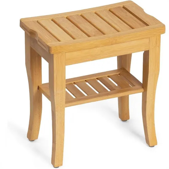 Bamboo Shower Stool Shower Bench with 2-Tier Storage Shelf for Bathroom