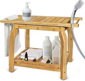 Two Layers Multifunctional Bamboo Bathroom Shower Stool Wooden Shoe-Changing Stool with Towel Hange