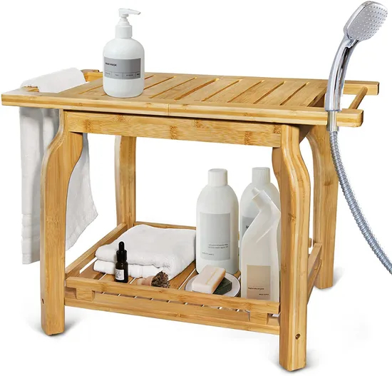 Two Layers Multifunctional Bamboo Bathroom Shower Stool Wooden Shoe-Changing Stool with Towel Hange