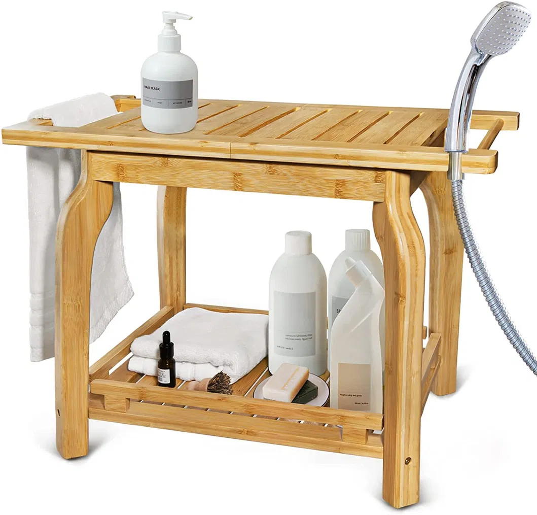 Two Layers Multifunctional Bamboo Bathroom Shower Stool Wooden Shoe-Changing Stool with Towel Hange