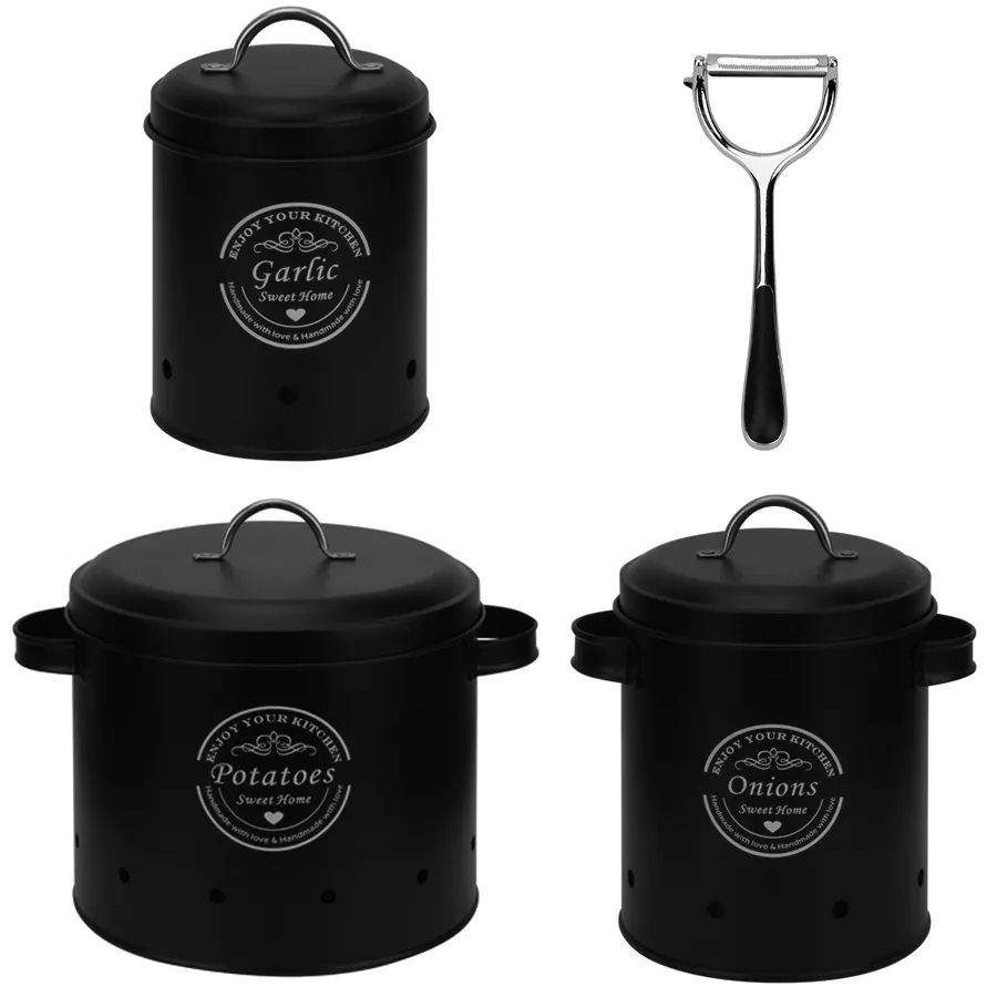 Black Metal Round Onions Patatos Storage Garlics Canister Set